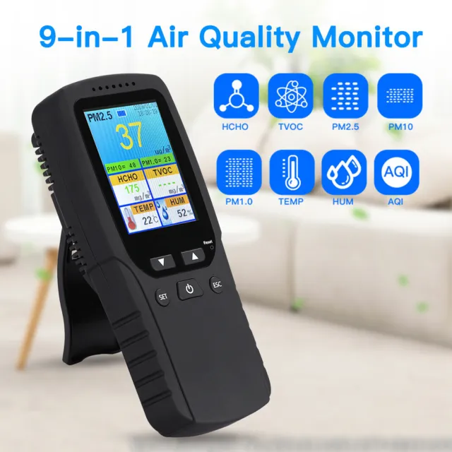 9 in 1 Air Quality Monitor Tester for Formaldehyde PM2.5 AQI Date/Time Analyzer