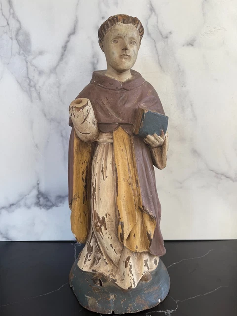 Large Mid 20th Century Carved Wooden Polychrome Santos Statue - 17" Tall