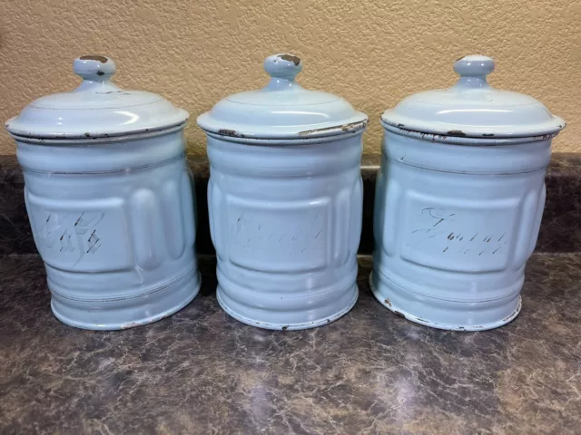 Vintage French Enamelware Turquoise Blue Canister Set Sucre Chicoree Cafe