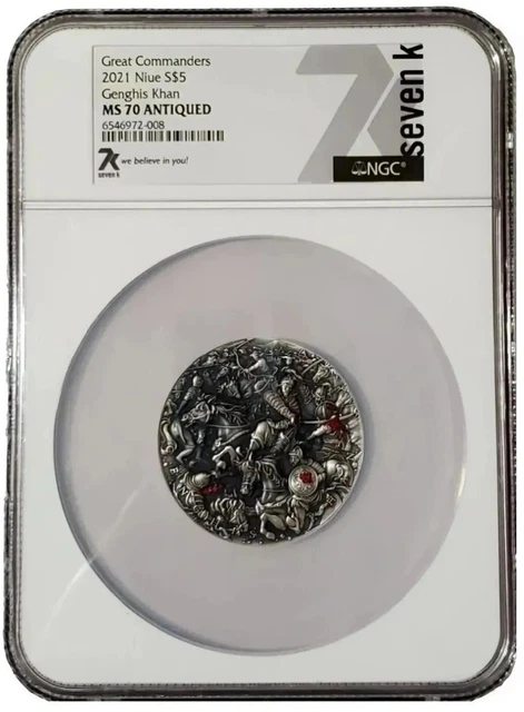 2021 2 Oz Silver $5 Niue Great Commanders GENGHIS KHAN NGC MS70 High Relief Coin