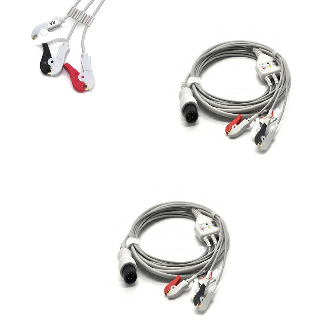 2Pcs Medical 3-lead 6pin Clip ECG/EKG Cable For Welch Allyn Propaq 100Series 3m