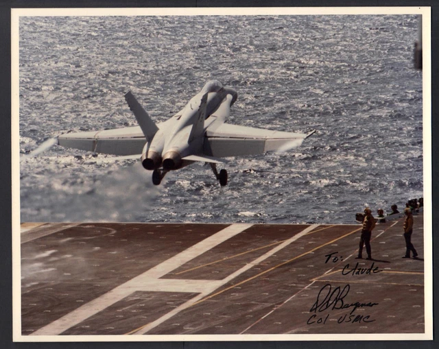 US 1983 REAL PHOTOGRAPH OF McDONNEL DOUGLAS TAKE OFF ON AIRCRAFT CARRIER SIGNED