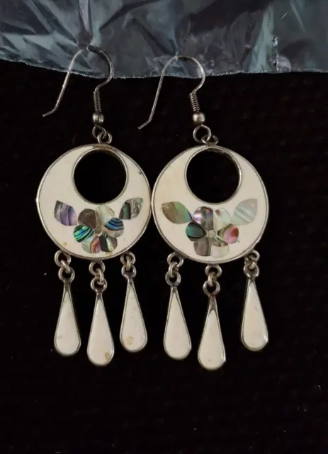 Vintage Mexican Alpaca Inlaid Abalone Pierced Dangle Earrings Signed
