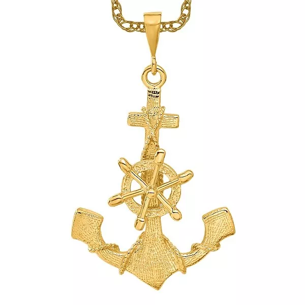 14K YELLOW GOLD Dangling Large Anchor Wheel Necklace Nautical Charm ...