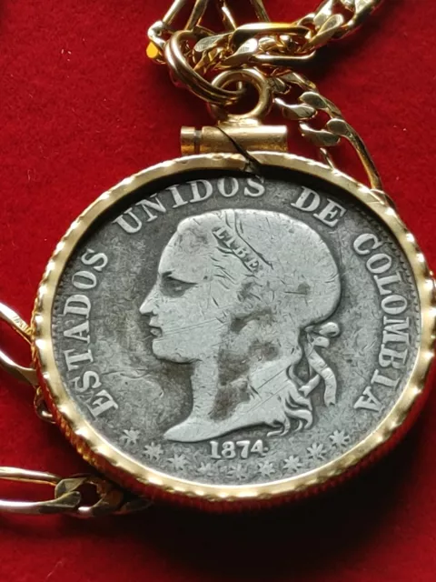 Medellin Minted 1874 Colombia silver Dos Decimos Coin Pendant & 24" Chain, 25mm 3