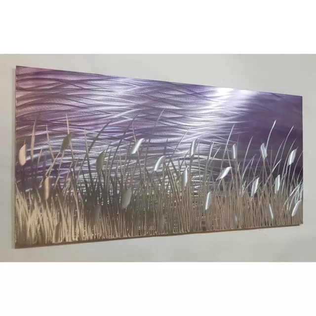 Modern abstract metal wall art. Titled By The Lake. Purple and silver.