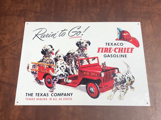 Vintage 1990s TEXACO Fire Chief Gasoline Dalmatians Dogs Tin Metal Sign USA
