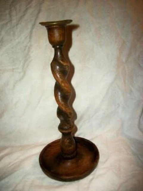 ANTIQUE ENGLISH OAK BARLEY TWIST CANDLE HOLDER CANDLESTICK BRASS LATE 1800s