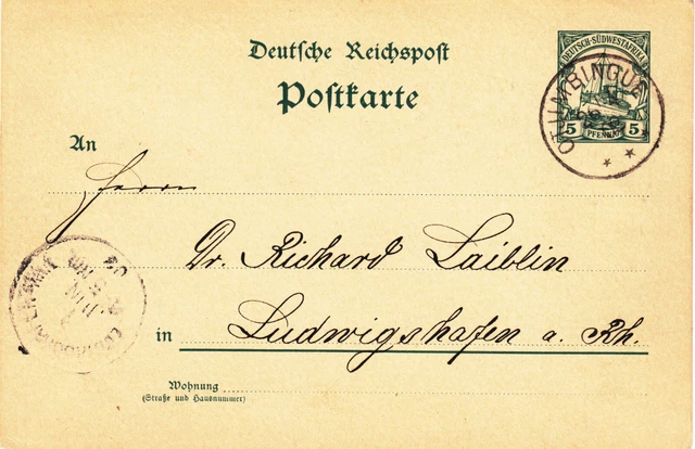 DSWA, Postkarte P13 v. Otjimbingue n. Ludwigshafen a. Rh., 26.4.03, 5 Pfg. grün.