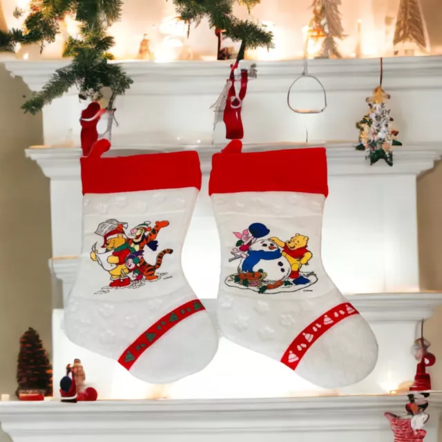 Disney Vintage White Red Winnie The Pooh Felt Christmas Stocking Pair