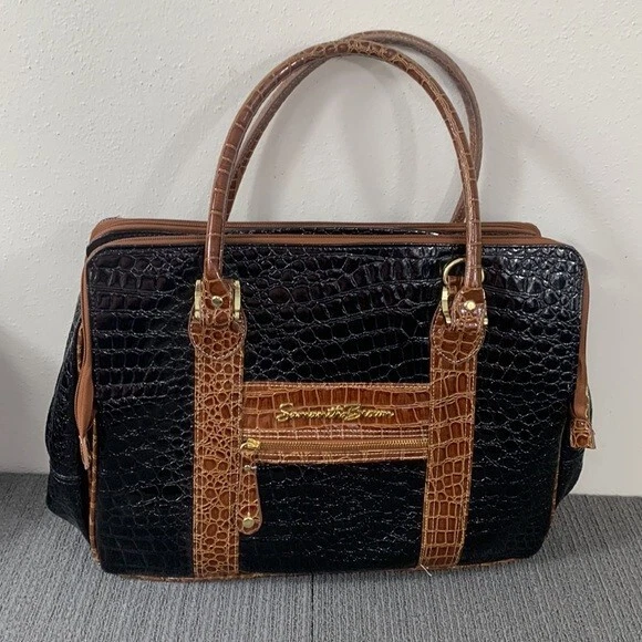 Samantha Brown Briefcase Bag Large Black Brown Croc Embossed Weekender Travel