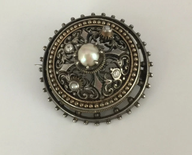 Broche Ancienne En Argent Massif Avec Perles - Style Antique, Occasion