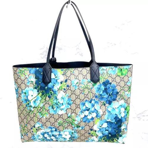 GUCCI GG Pattern Blooms Reversible Tote Bag Floral Blue W 38cm Japan [Used]