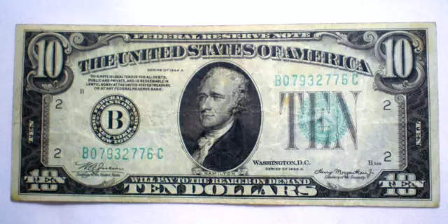 Crisp 1934A $10 Green "B" New York Federal Reserve Note- VF Beauty!  (342n)