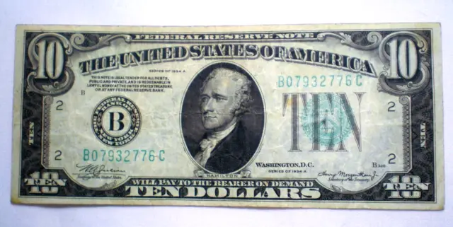 N.Y. 1934A $10 Green "B" New York Federal Reserve Note-Crispy VF Beauty!  (342n)