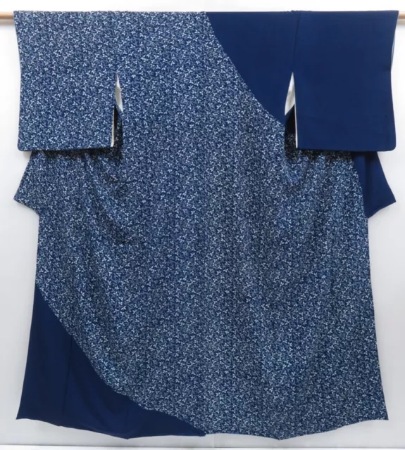 3002T10z820  Japanese Kimono Silk TSUKESAGE Leaf Navy