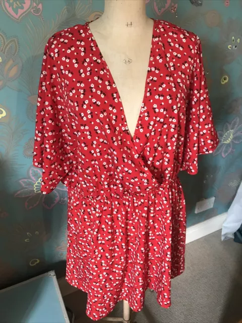 Boohoo Ladies Plus Size 24 Curve Red Floral Print Wrap Front Kimono Sleeve Dress