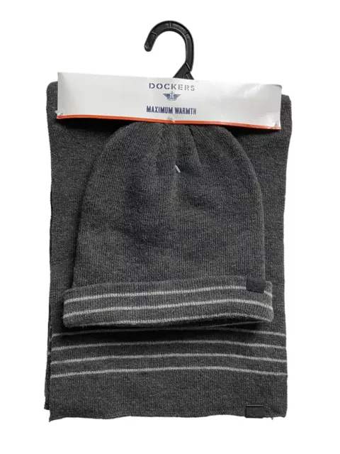 Dockers Men's Maximum Warmth Knit Scarf & Beanie Hat Set Size OS Gray Stripe NEW