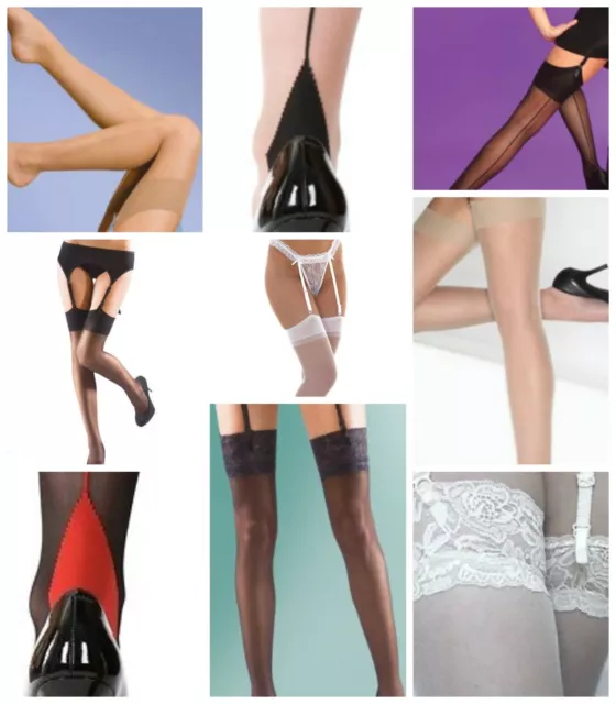 Stockings seamed seamer lace top black white cream nude red M L one size new