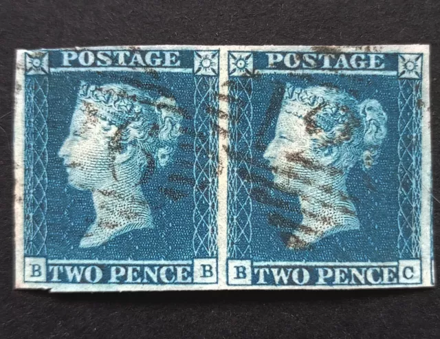 GB Queen Victoria 2d Blue Pair SG.15 Used   Royal Blue 4 Marg. Irish Cancel VF