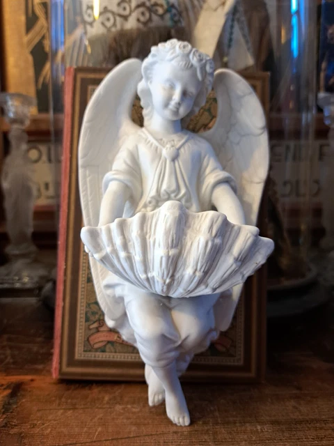 Big Lovely France Antique Porcelain Bisque Angel Cherub Shell Holy Water Font