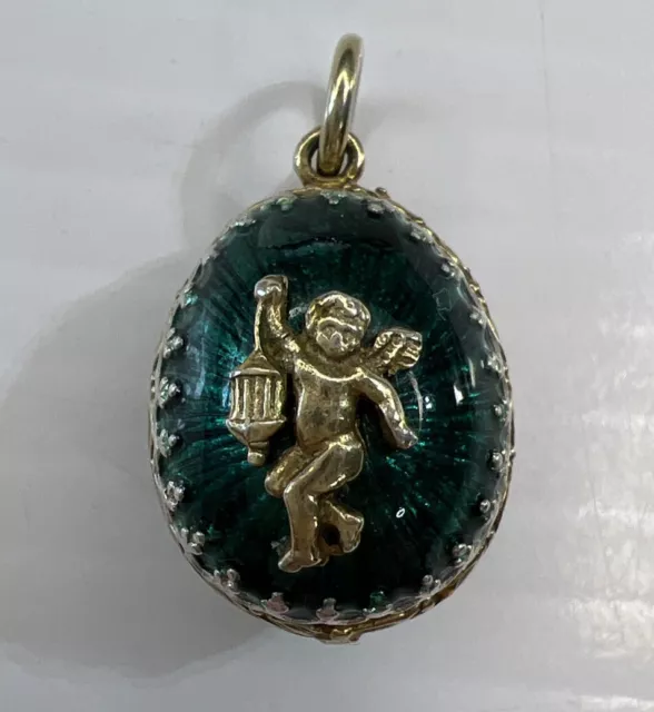 925 Sterling Silver Pendant Gold Filled Emerald Green Enamel Faberge Egg Angel