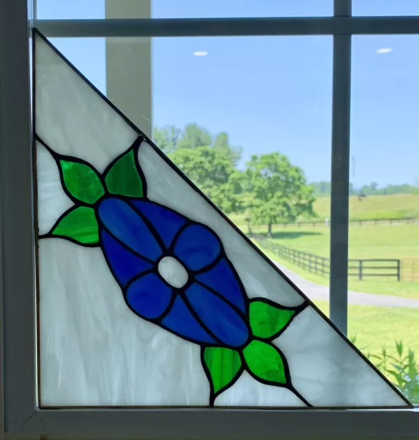 Set of 4 Lg 16.5" Vintage Stained Glass Blue Floral Window Corners - Gorgeous!