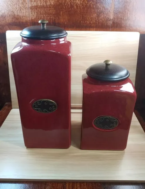 PIER 1 Import Rustic Brick Red 2 PCs Ceramic Canister Set W/ Vacuum Sealed Lids