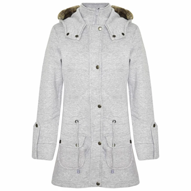 Kids Girls Coat Grey Fleece Parka Jackets Long Faux Fur Hooded Winter Coats 5-13