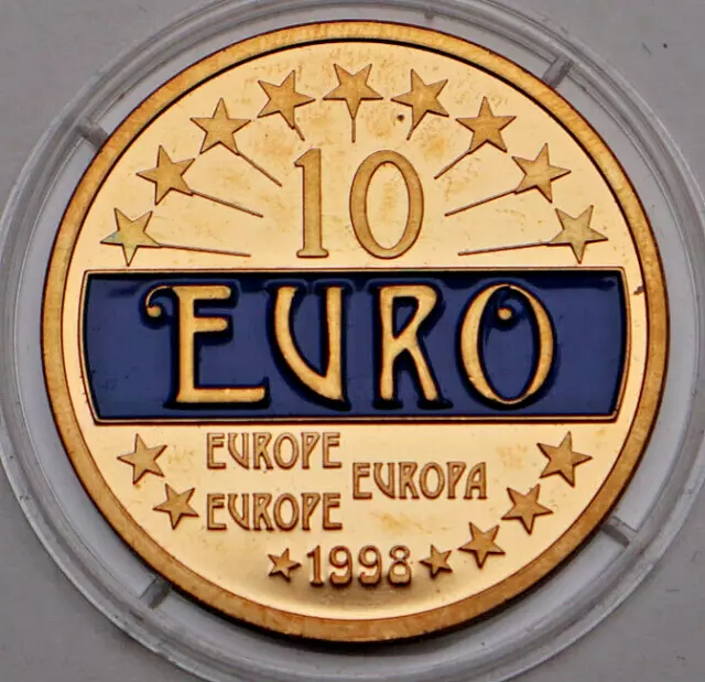 MEDAILLE: 10 EURO 1998 - EUROPA: Cu-Ni vergoldet, handemailliert, 30 mm, PP, S37