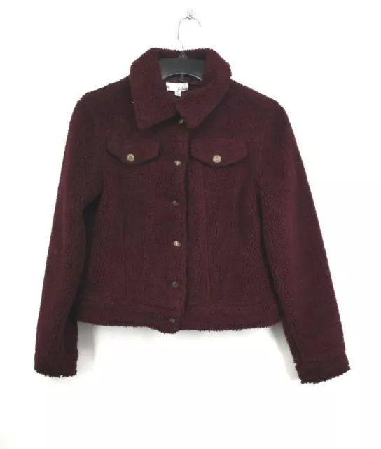 Ten Sixty Sherman Womens Burgundy Teddy Fleece Trucker Jacket Spread Collar XS