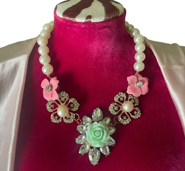 Betsey Johnson multi stone Media Beads Metal Stones bib statement necklace 21”