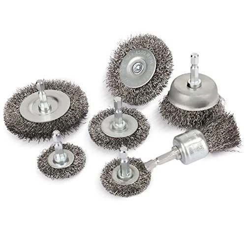 7 Piece Wire Wheel Cup Brush Set Hex Shafts Shank Wire Brush 0.012 Inch