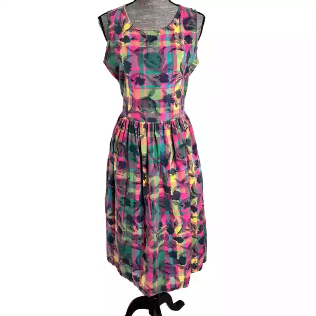 Vtg Sea Wind Midi Dress Womens M Multicolor Fit & Flare Plaid Floral Cutout Back