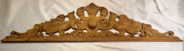 Antique French Wood Carved Oak Gothic Dragons Griffins Pediment Architectural