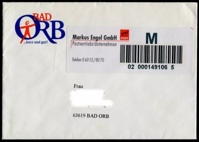 Bad Orb Engel Post, Barcodemarke Nr 1  M auf Briefumschlag