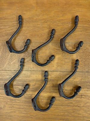 6 BROWN ANTIQUE-STYLE DOUBLE RING COAT HOOKS CAST IRON hat rustic wall hardware