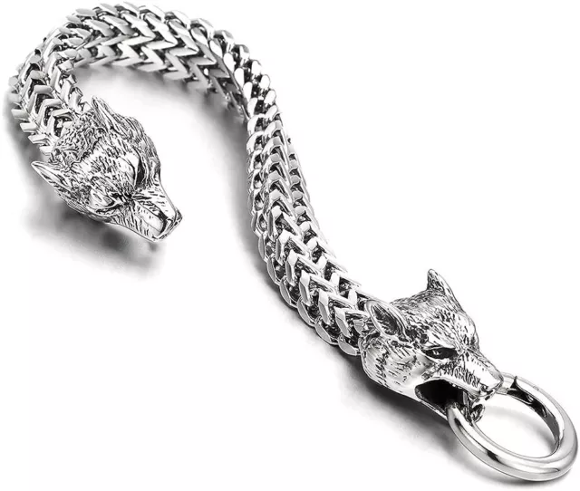 Biker Mens Stainless Steel Wolf Head Franco Link Curb Chain Bracelet with Spring