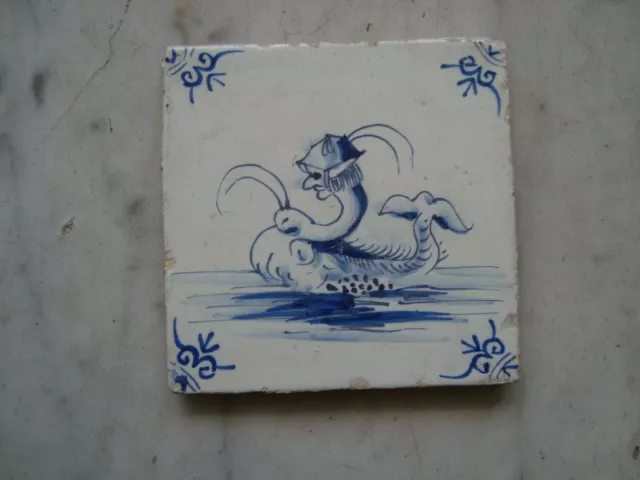 rare 17th century delft handpainted dutch  tile with seacreature/seamonster