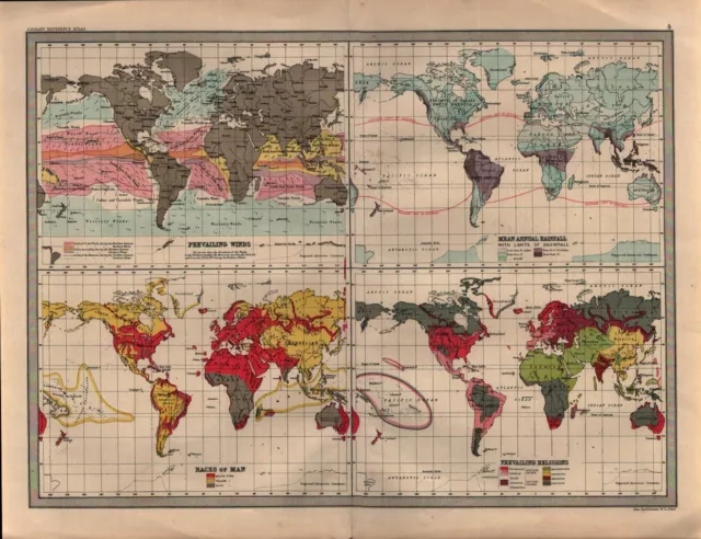 World map 1890 - several topics - Religions, Races of Man, Winds, Rainfall.