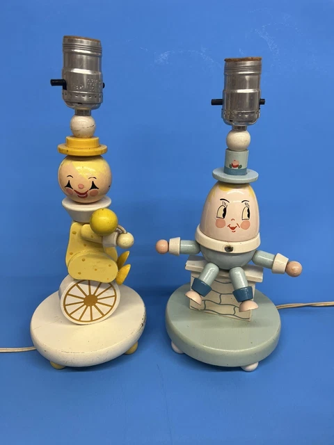 Vintage Lot 2 Nursery Childs Wooden Dresser Lamp HUMPTY DUMPTY & UNICYCLE CLOWN