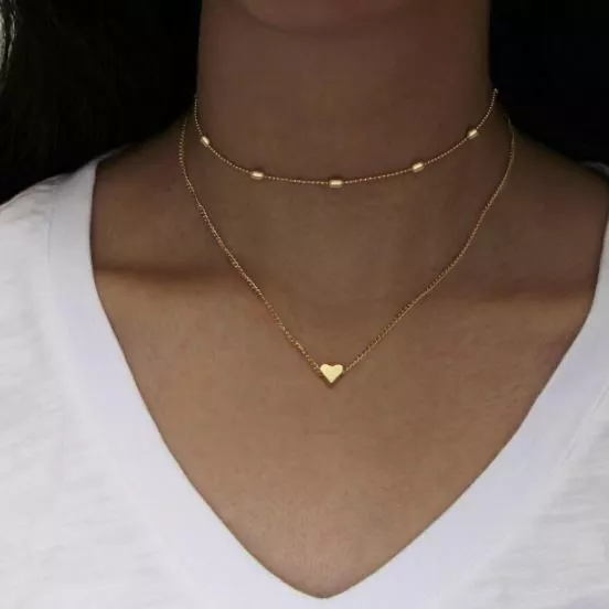 2x Damen Halskette mit Herz Anhänger Gold Silber Geschenk Necklace Frauen Kette