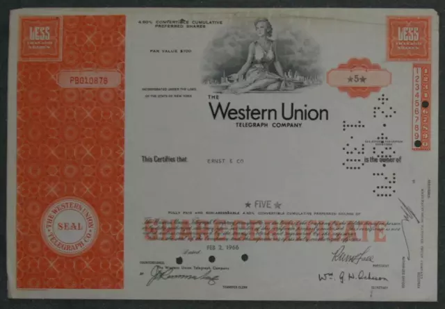 The Western Union Telegraph Company 1966 5 Shares