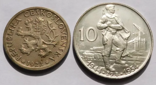 Czechoslovakia 1954 Slovak Uprising 10 Korun Silver+ 1922 1 Koruna, AU/UNC Coins