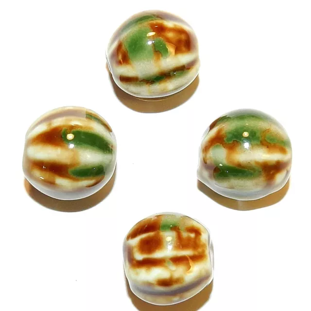 CPC285 Brown Green & White Glazed 16mm Corrugated Round Porcelain Beads 12pc