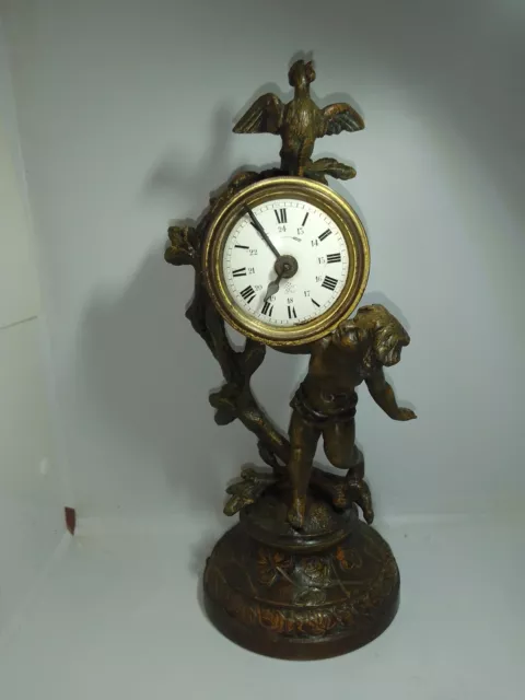 Ancienne Pendule Reveil En Regul Decor Enfant Et Coq Avec Balancier