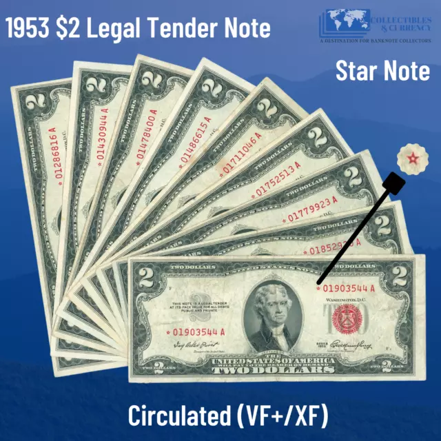 ✔ (1) 1953 Red Seal $2 Legal Tender Star Note, VF+/XF, OLD US Two Dollars Bill