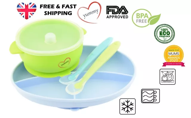 Baby Toddler Weaning Silicone Suction Plate Bowl with Lid & Matching Spoon Set