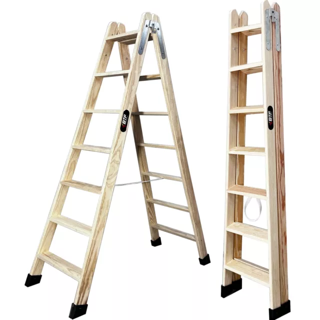 BTF® Escaleras Tijera de Madera Pino Doble Subida 7+7 Pintor, Escayolista