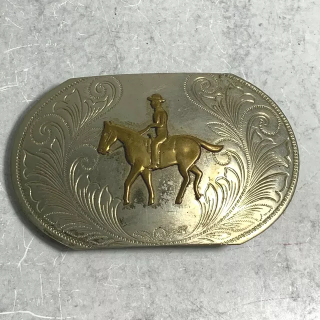 Vintage Occidental Cowboy/Caballo Níquel Plata Cinturón Hebilla 10.2x5.7cm